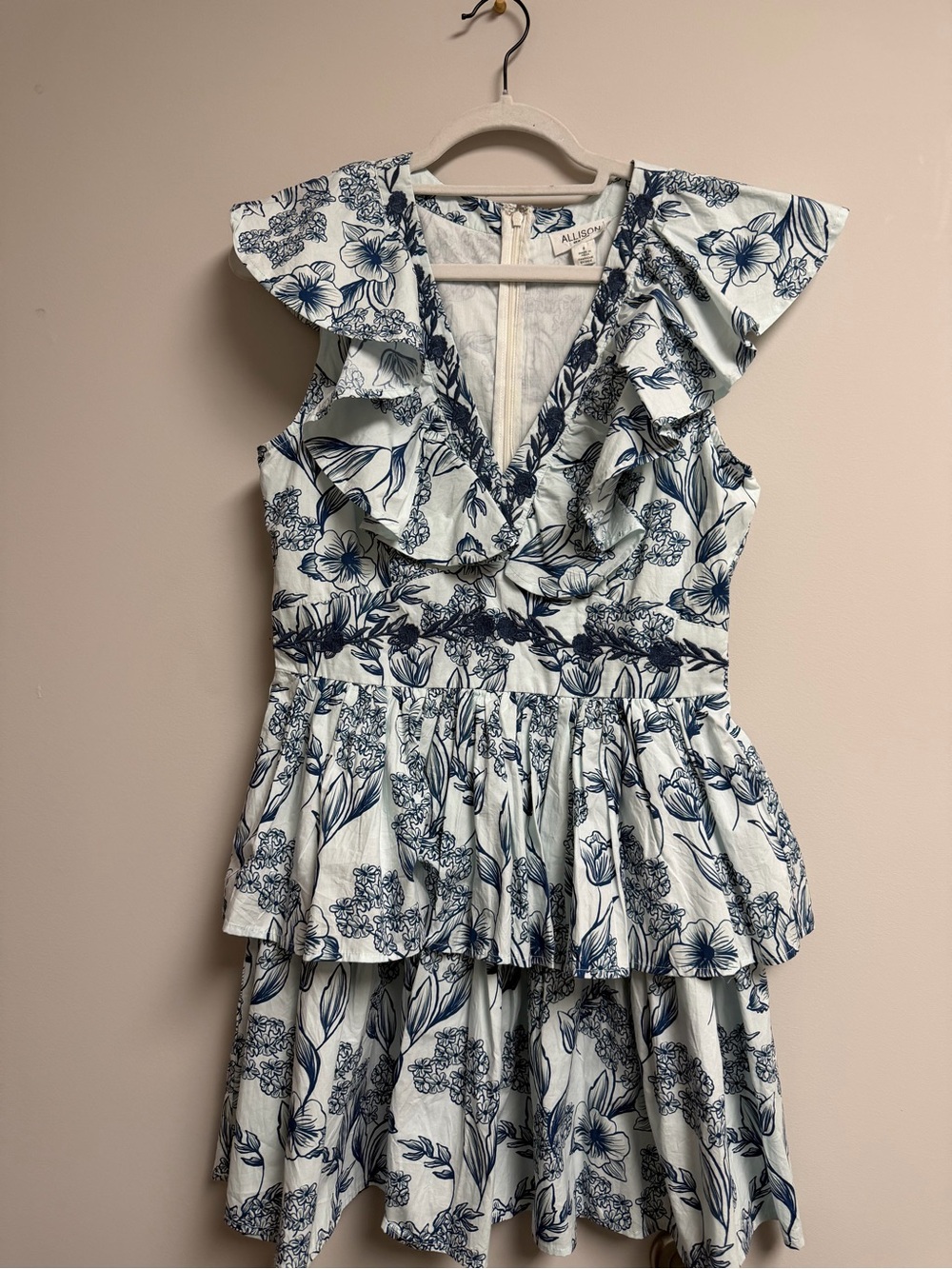Allison New York Floral Ruffle V-Neck Mini Dress in Blue and White